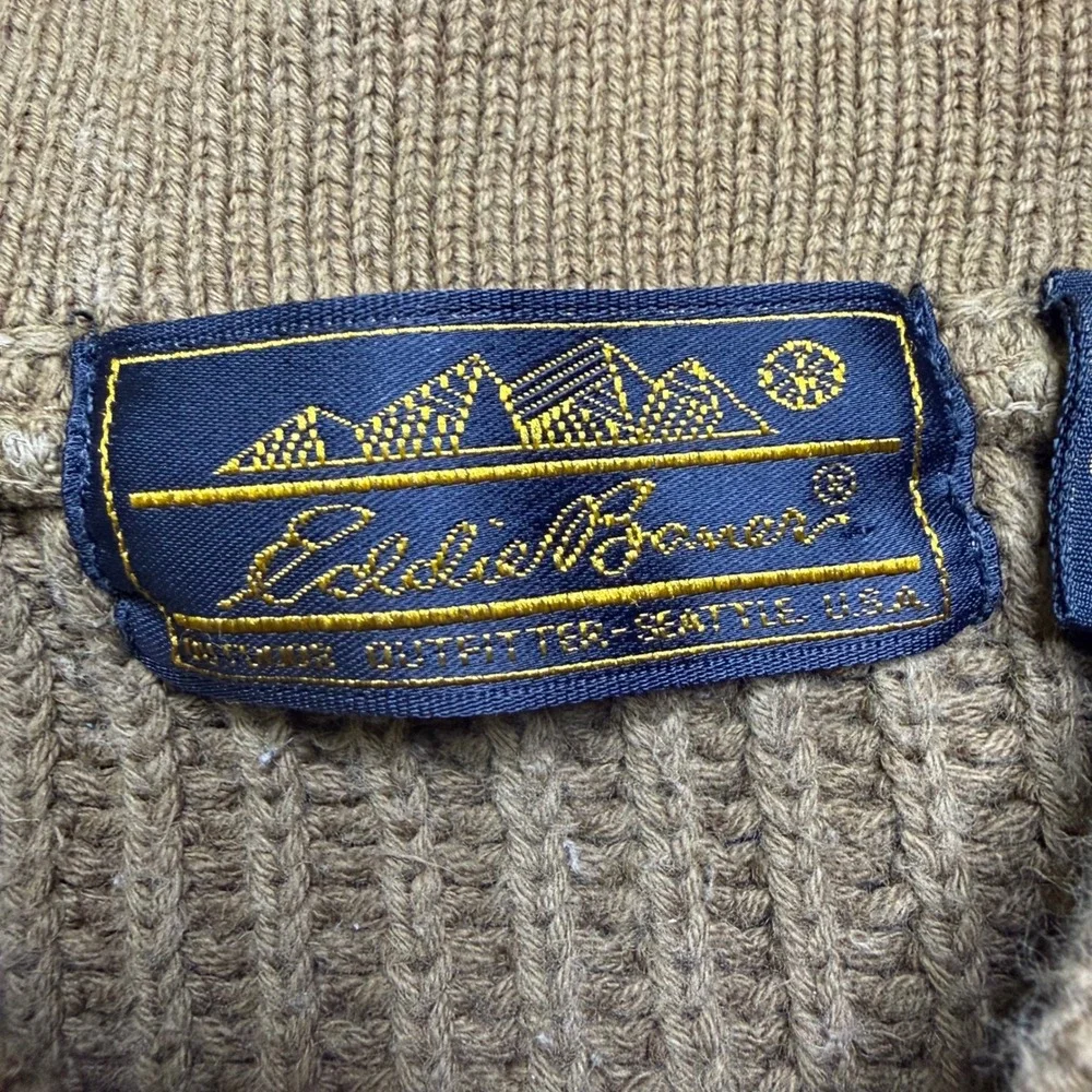 Eddie Bauer Sweater Mens L Brown Vintage Henley Chunky Knit Cotton Shawl Collar